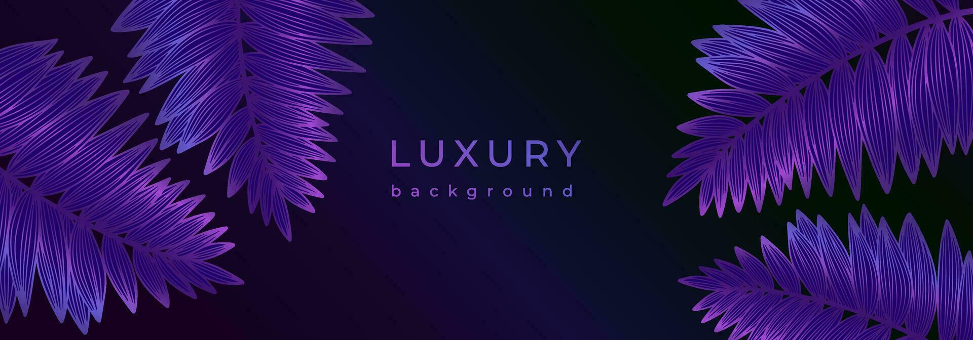 Luxury tropical banner with shiny purple leaves. Fern, palm leaf on black background. Magical glittering plant branches vector