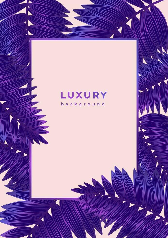 Luxury golden purple template with tropical plants. Linear fern branches, palm leaves with frame. Poster with leaf with veins on black background. Magical glittering botany. Wedding invitation vector