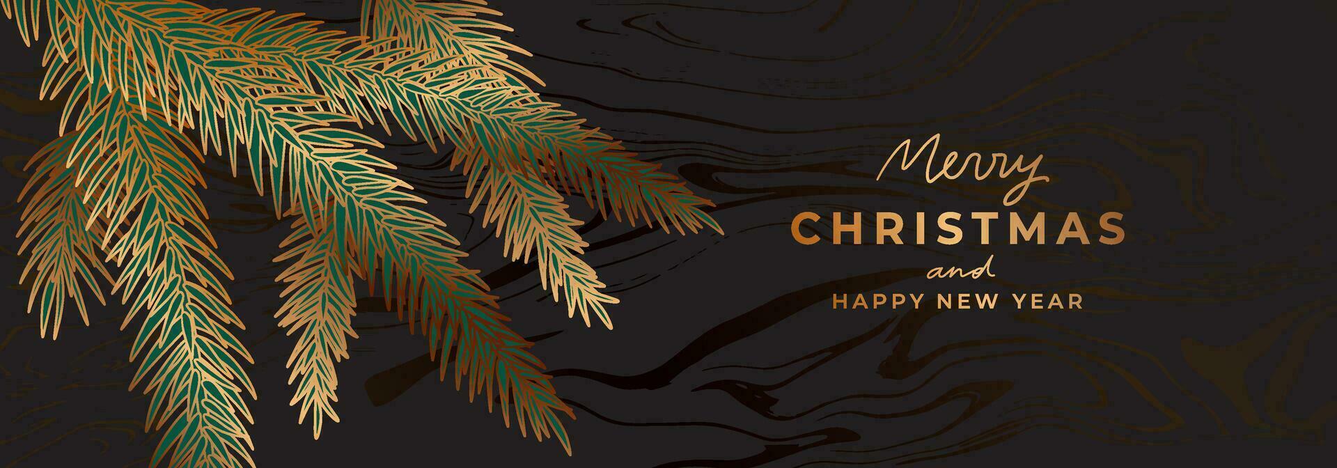Luxury golden Christmas banner template. Gold christmas tree, pine branches. Fancy New Year black background with marble texture vector