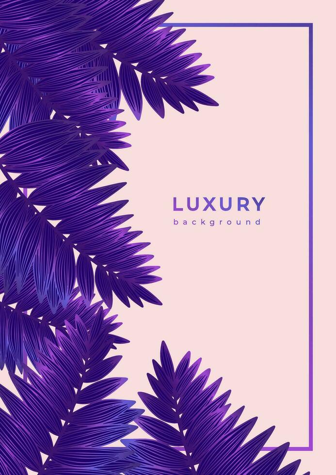 Luxury golden purple template with tropical plants. Linear fern branches, palm leaves with frame. Poster with leaf with veins on black background. Magical glittering botany. Wedding invitation vector