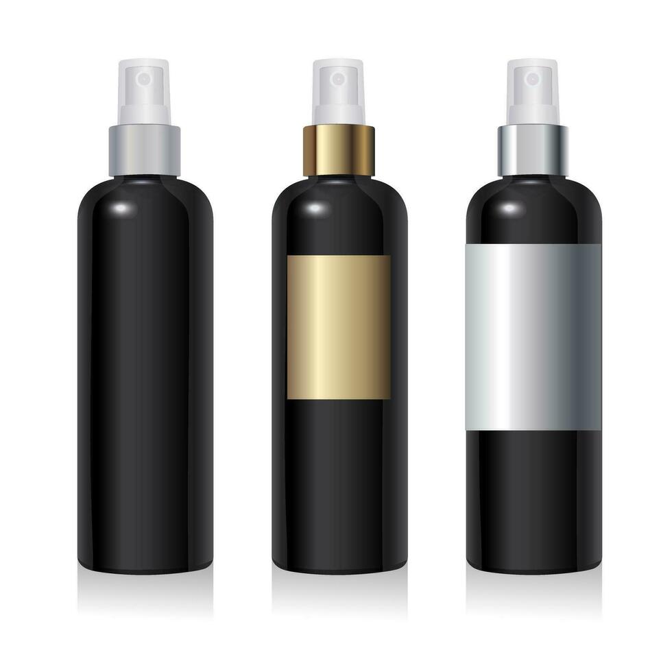 Black plastic bottle mockup with different labels. Round plastic packaging with silver and gold spray isolated on white background. Clean PET container vector