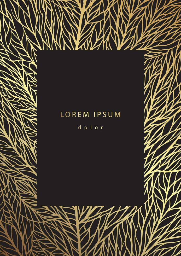 Luxury floral template with gold linear leaves texture. Black background with golden leaf veins vector