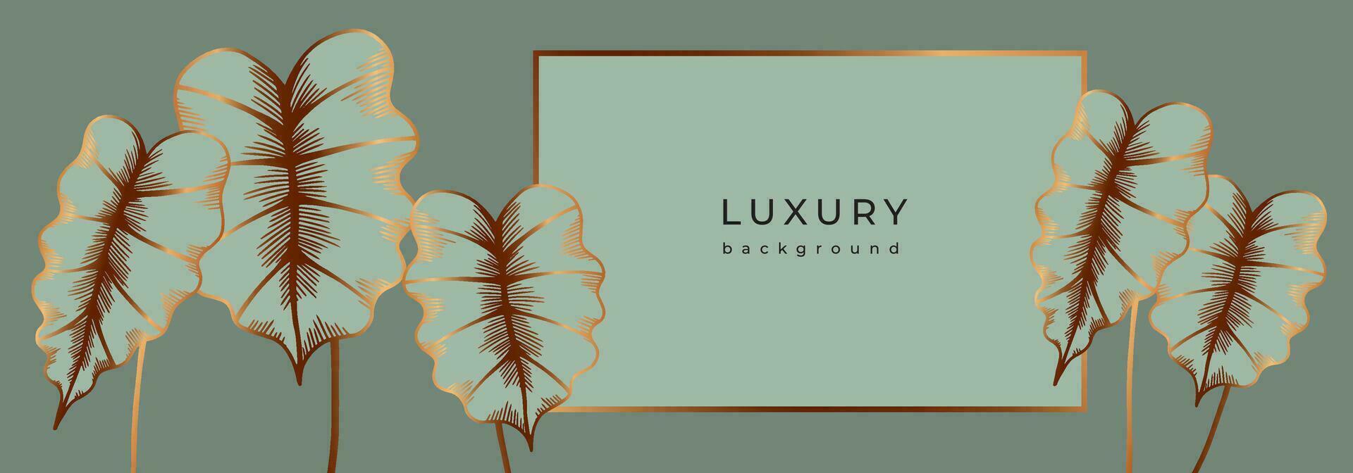 Luxury golden floral banner with alocasia. Retro tropical leaves on green gray background vector