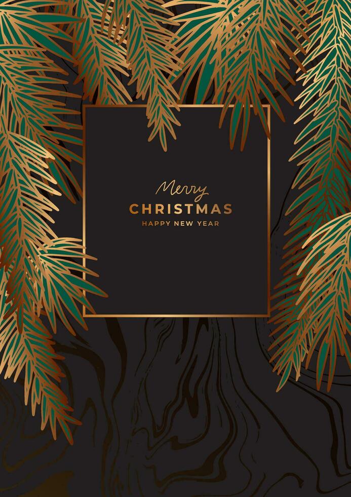 Luxury golden Christmas poster template. Gold christmas tree, pine branches. Fancy New Year black background with marble texture vector