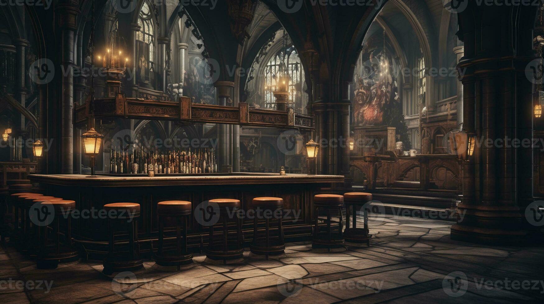 Generative AI, Cathedral antique interior with bar or pub inside, gothic church style photo