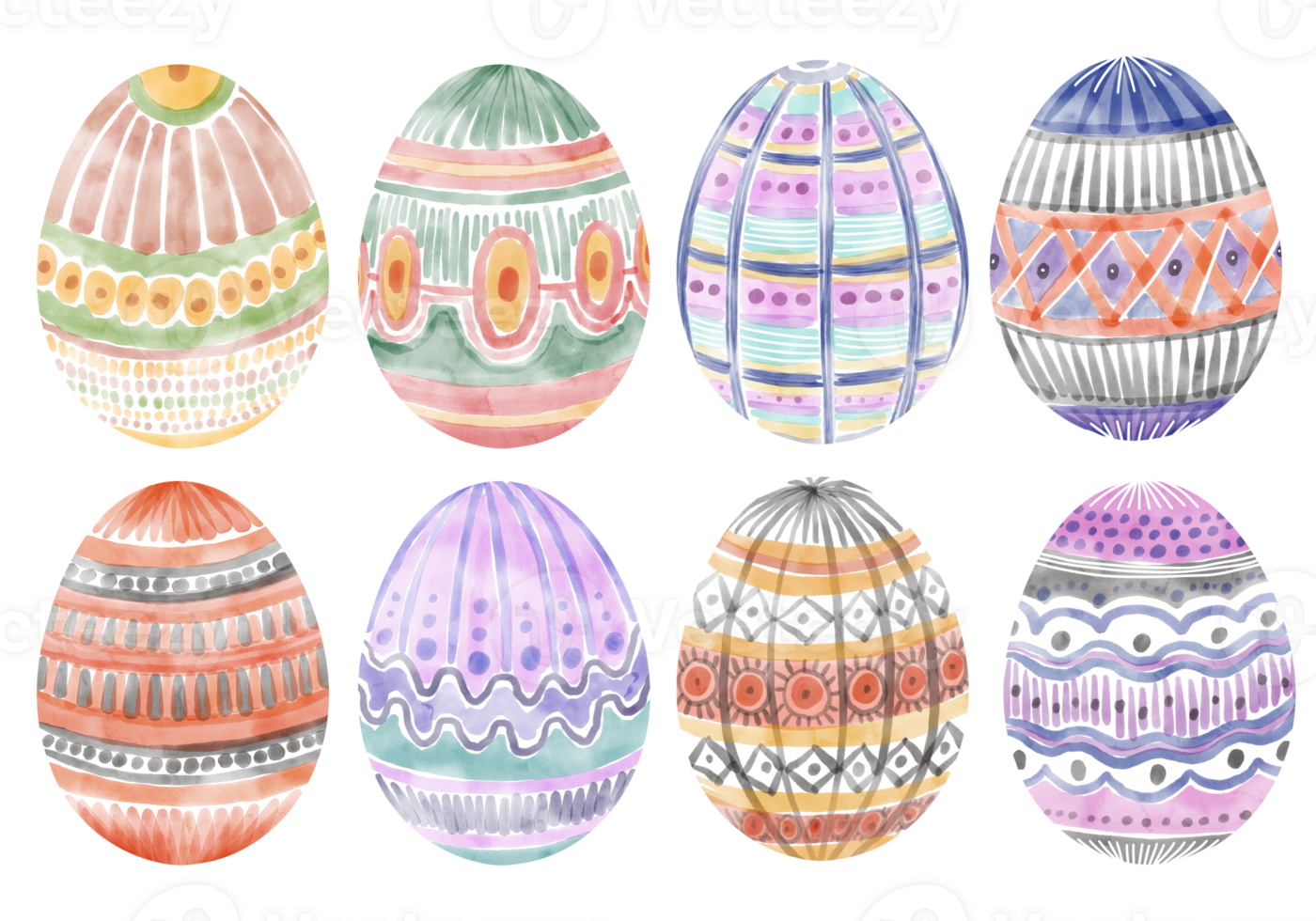 Set of watercolor Easter eggs with geometric pattern. Collection of Hand drawn colored Easter eggs with ornament png