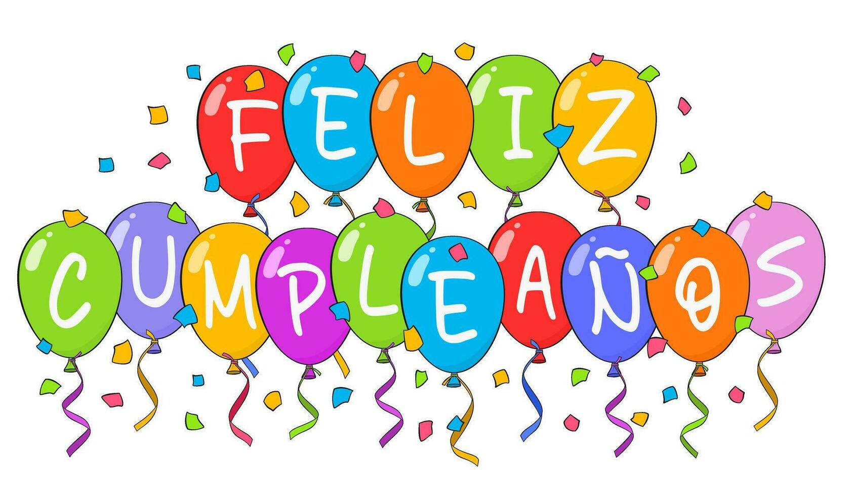 Happy Birthday lettering in Spanish with colorful balloons and confetti vector