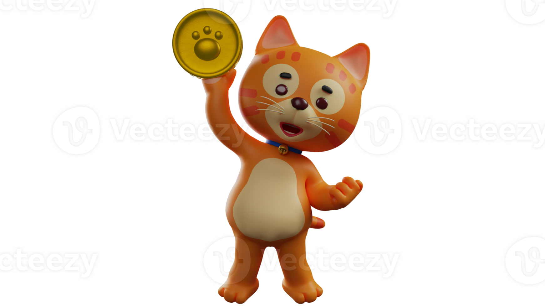 3D illustration. Happy Orange Cat 3D Cartoon Character. Orange cat stood up while holding up the gold coins he got. Orange cat clenched his fists and showed a happy expression. 3D cartoon character png