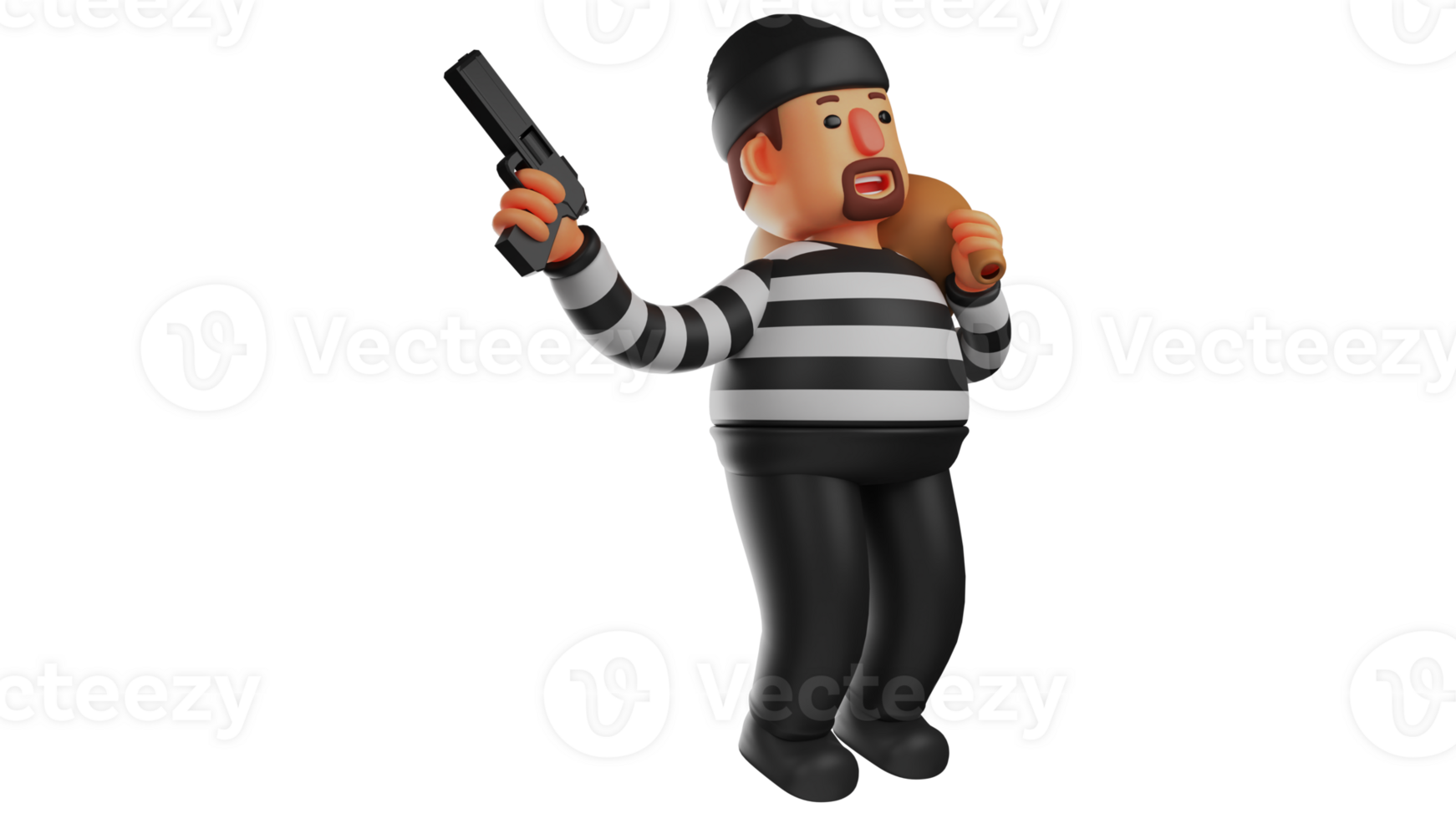 3D illustration. Handsome Thief 3D Cartoon Character. The thief walks while carrying a sack of money. The cool thief pointed his gun facing upwards. 3D cartoon character png
