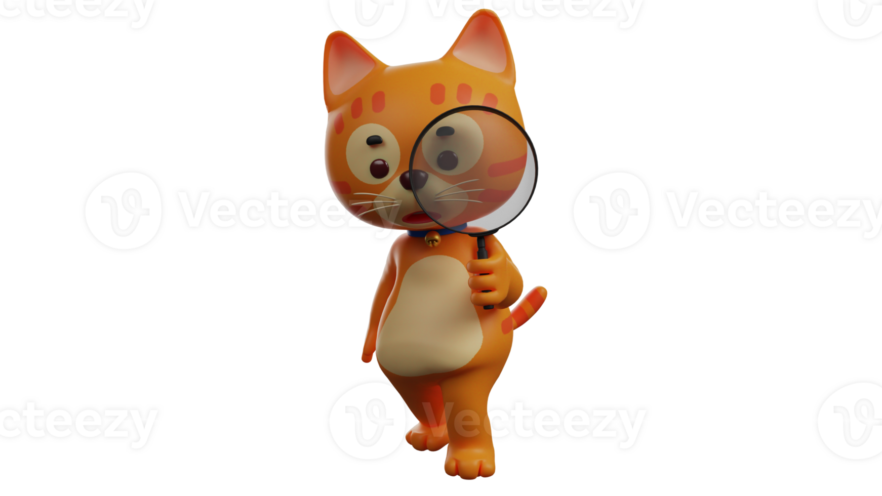 3D illustration. Smart Orange Cat 3D Cartoon Character. A smart cat is doing a study using a magnifying glass. The orange catfish shows a serious expression. 3D cartoon character png
