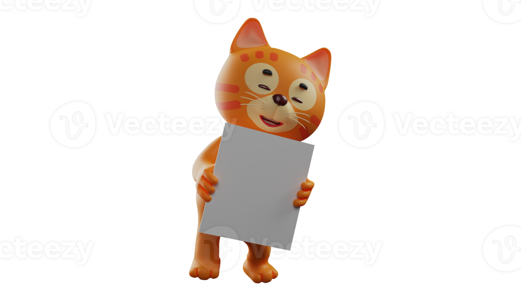 3D illustration. Cheerful Orange Cat 3D Cartoon Character. Orange cat with happy pose. Orange cat holding white paper with both hands. Orange cat smiling happily. 3D cartoon character png