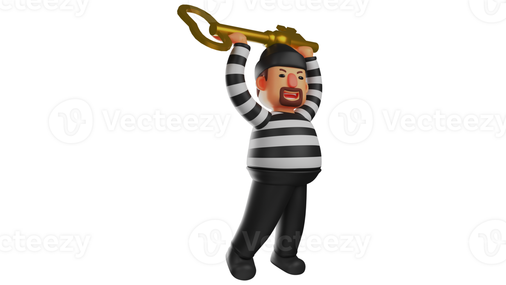 3D illustration. Excited Thief 3D Cartoon Character. The thief raises the golden key with both hands. The thief showed an expression of enthusiasm in carrying out his action. 3D cartoon character png