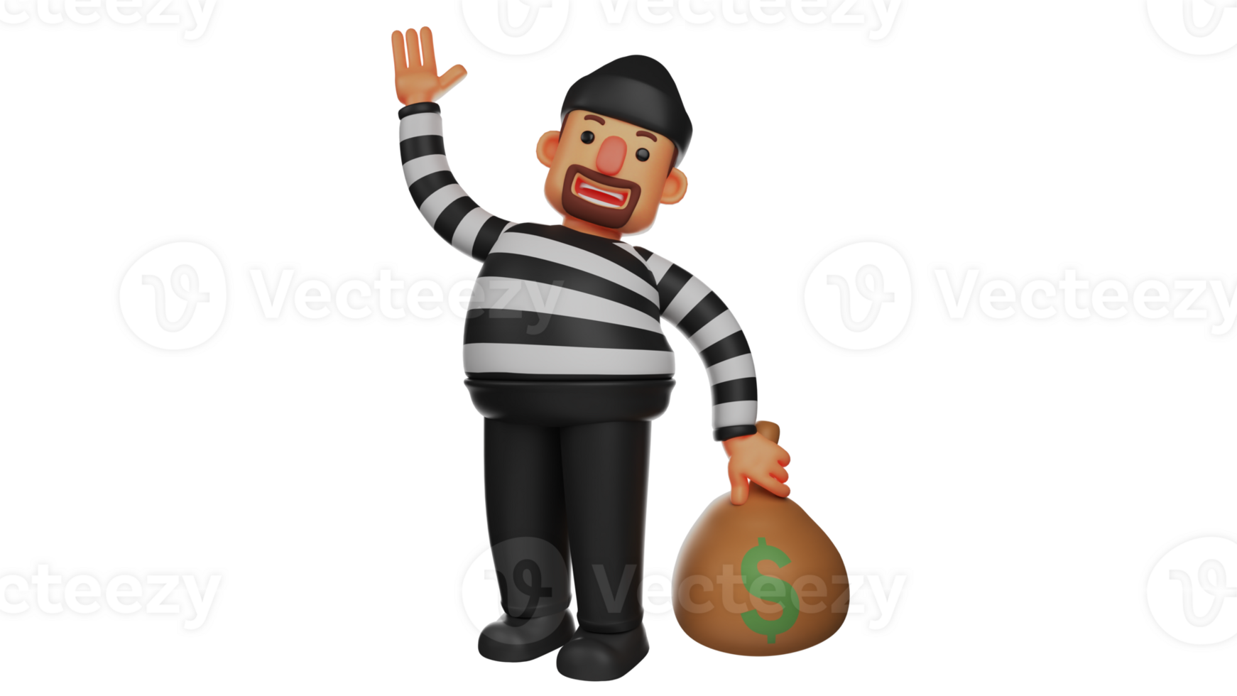 3D illustration. Happy Thief 3D Cartoon Character. Thief managed to escape with his stolen goods. A thief standing carrying a sack of money. Thief smiled while waving his hand. 3D cartoon character png