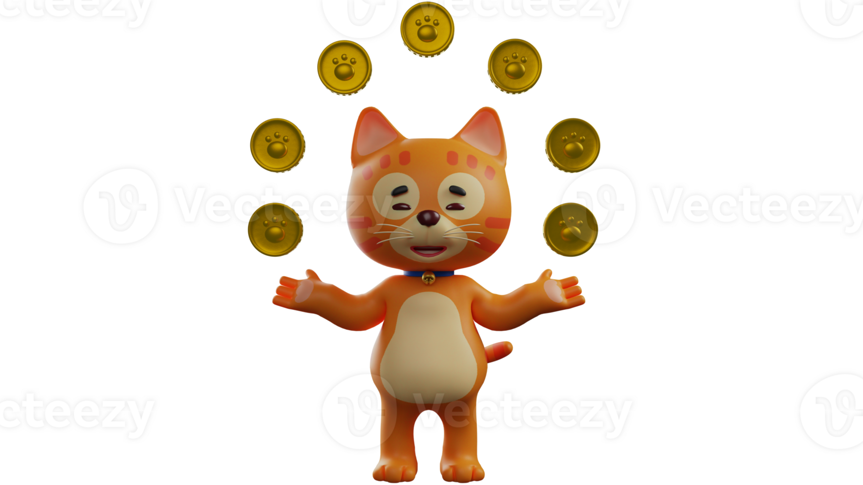 3D illustration. Sweet Cat 3D Cartoon Character. The orange cat is spinning a lot of gold coins on it. Adorable orange cat showing his sweet smile. 3D cartoon character png