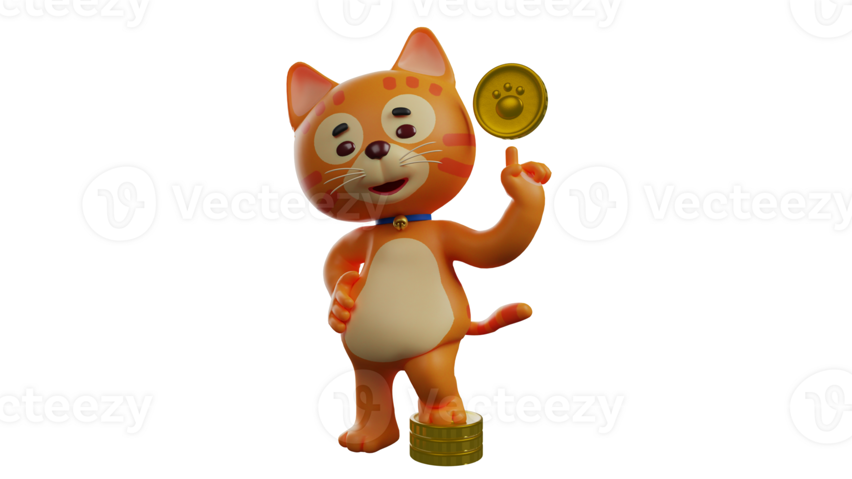 3D illustration. Orange Cat 3D Cartoon Character. The tiny orange cat raised one paw on a pile of gold coins. Handsome cat showing the gold coins he has. 3D cartoon character png