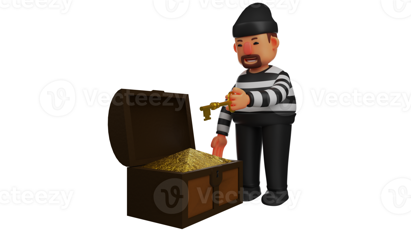 3D illustration. Lucky Thief 3D Cartoon Character. Thieves managed to find treasure. A great thief managed to open the treasure he found. The thief looks so happy. 3D cartoon character png