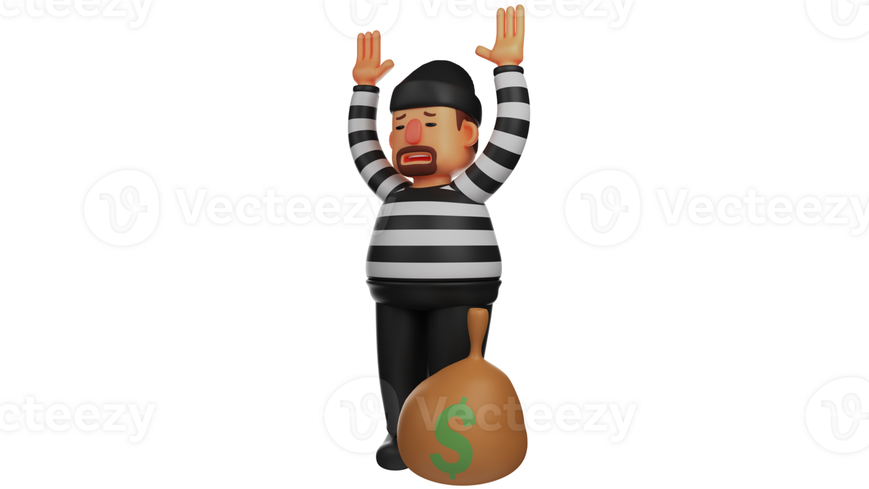 3D illustration. Unlucky Thief 3D Cartoon Character. Thief was caught hand by residents while stealing. Thief raised both hands as a sign of surrender because he had been caught. 3D cartoon character png