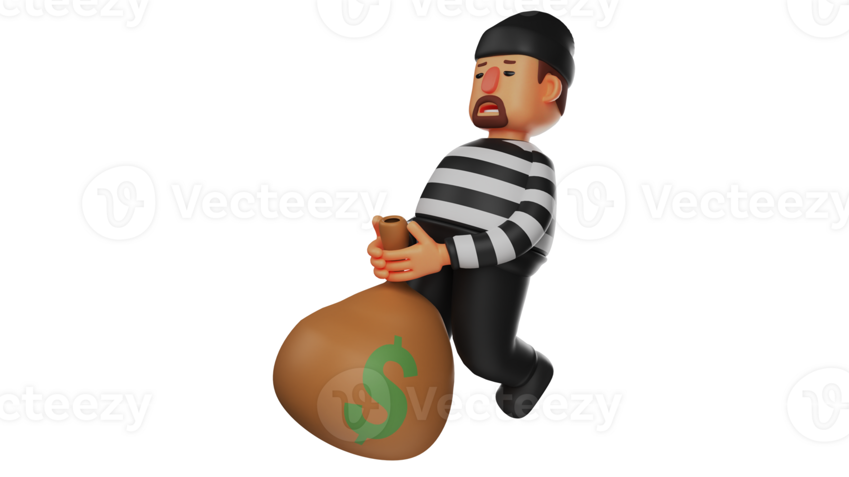 3D illustration. Tired Villain 3D Cartoon Character. Criminal is carrying out his actions to steal people's money. Thief walked while dragging a sack of money that he had stolen. 3D cartoon character png