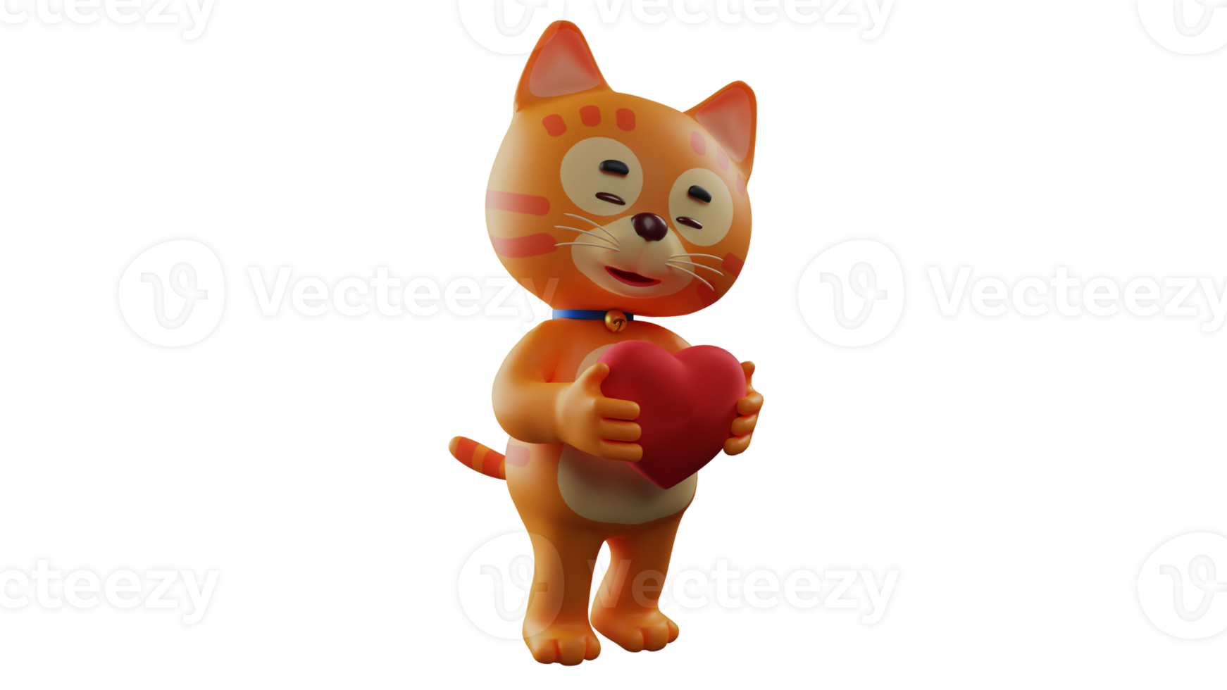 3D illustration. Romantic Orange Cat 3D Cartoon Character. Orange cat standing while holding red love. A sweet orange cat is smiling and will give a heart symbol to his friend. 3D cartoon character png