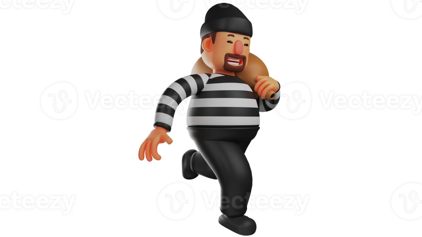 3D illustration. Thief 3D Cartoon Character. Thief in a running pose. Thief ran while carrying a treasure sack on his shoulder. Thief tried to run away so as not to be caught. 3D cartoon character png