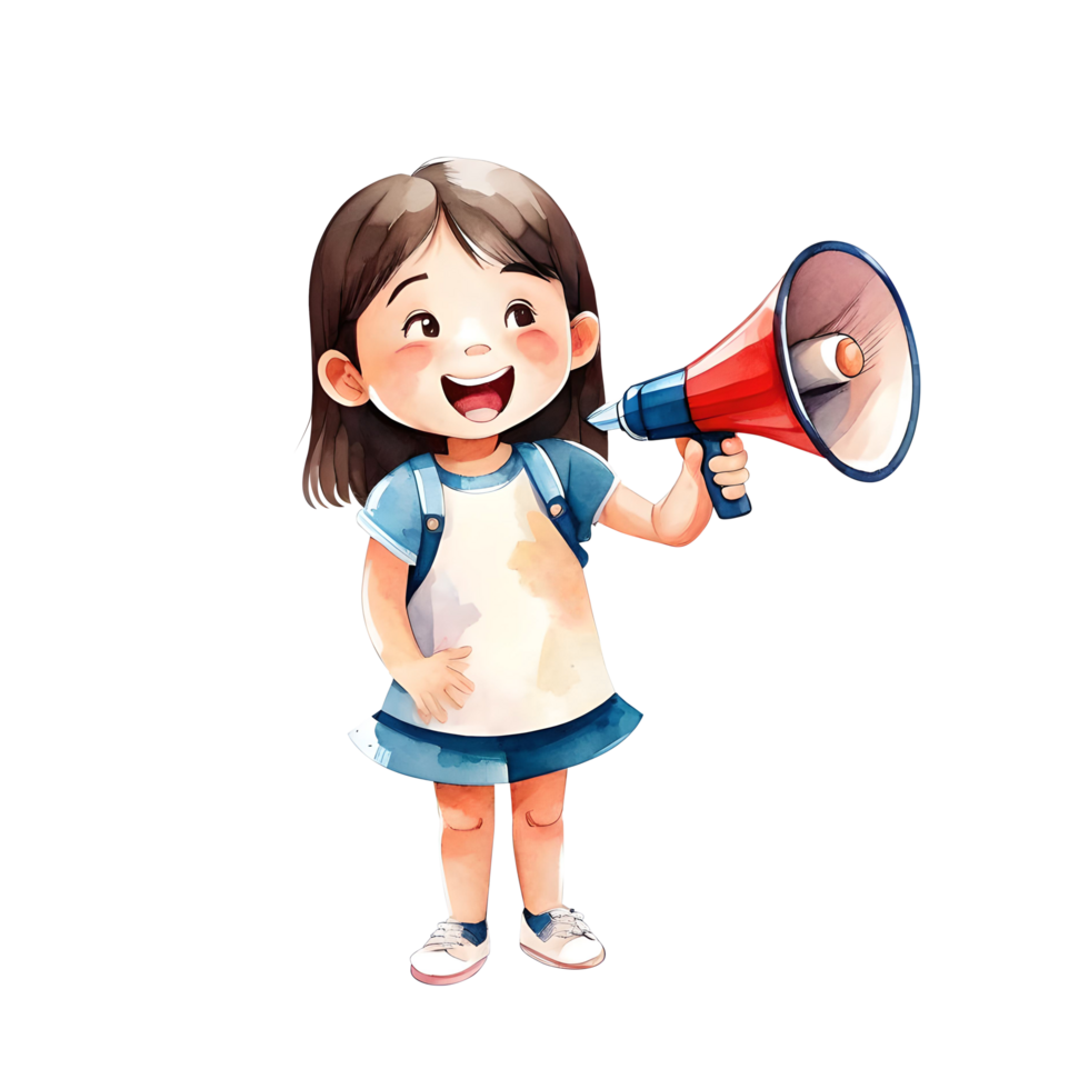 mignonne adorable peu fille en criant avec enthousiasme sur mégaphone Facile clipart isolé transparent ai génératif illustration png