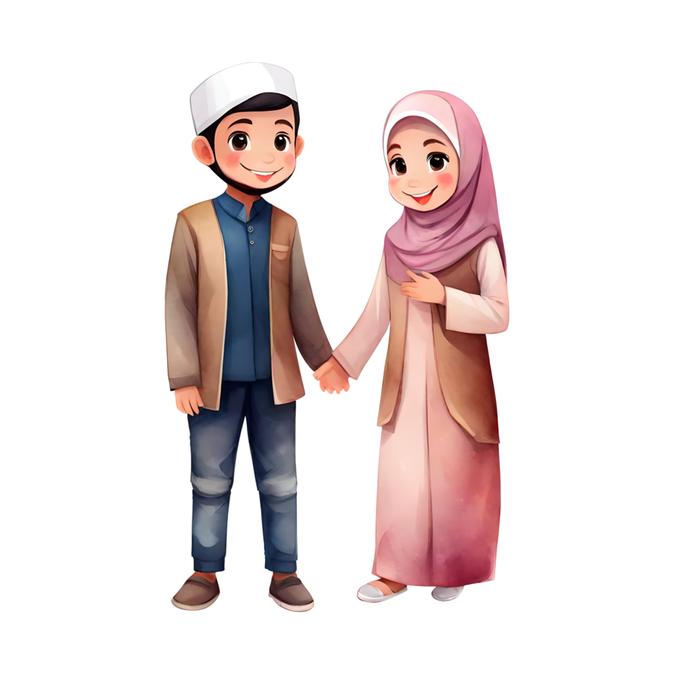Happy Muslim Couple in Love Cute Mascot Characters Isolated Transparent Wedding Ai Generative Illustration png