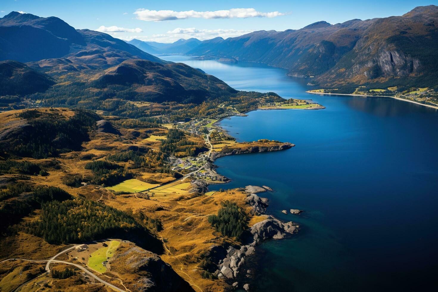 Spectacular view of the fjord. Generated by artificial intelligence photo