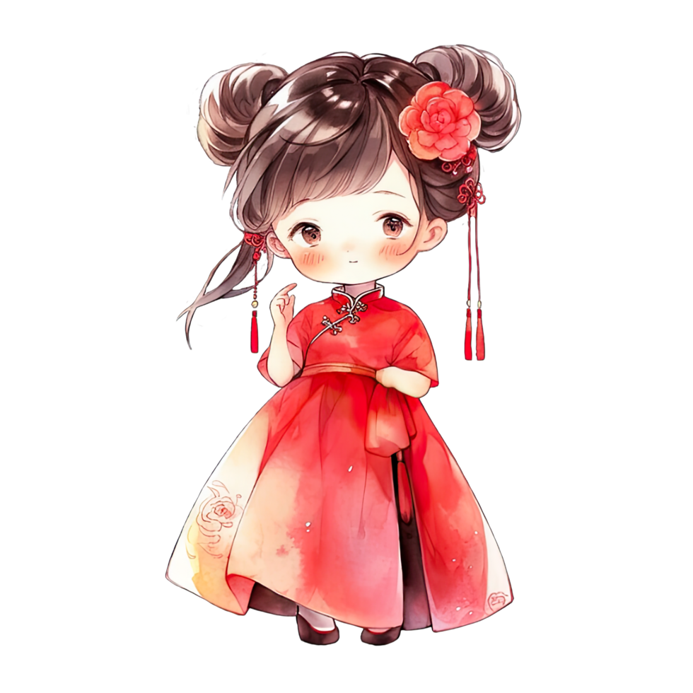 Girl wears a red qipao dress with a Chinese hairstyle during Chinese New Year ,ai generated png