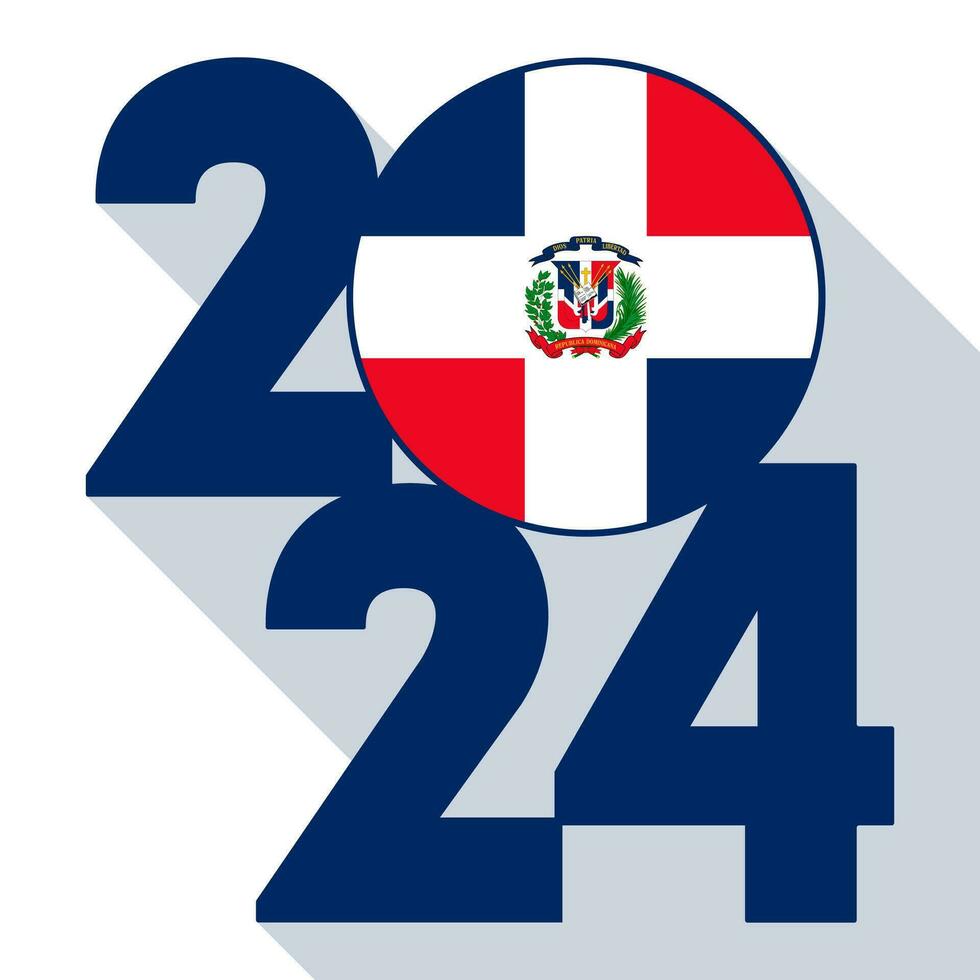 Happy New Year 2024, long shadow banner with Dominican Republic flag inside. Vector illustration.