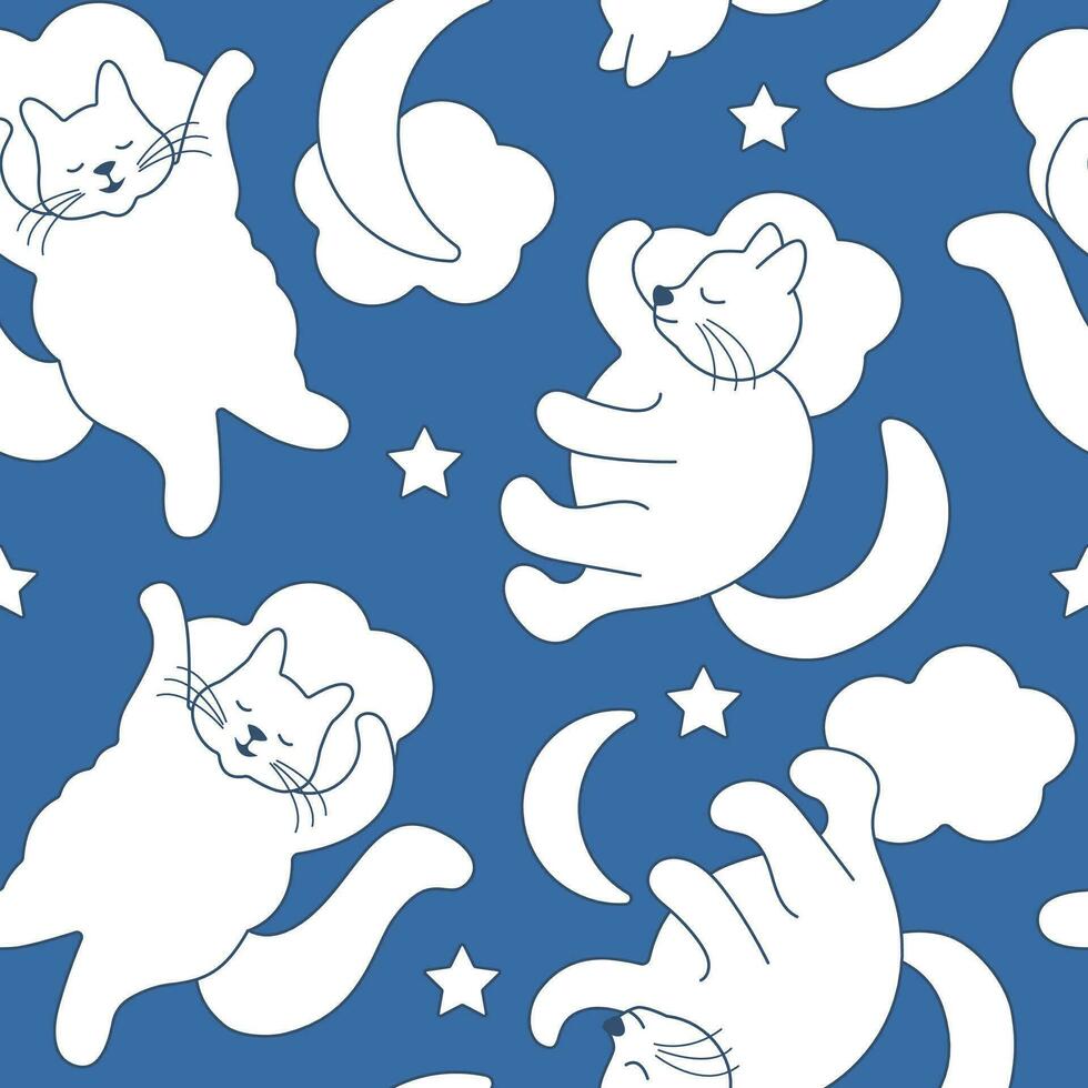 Seamless cartoon hand drawn pattern of sleeping doodle cats, moon and stars on a blue background for fabric textile or wrapping paper. Cute cartoon vector illustration for children