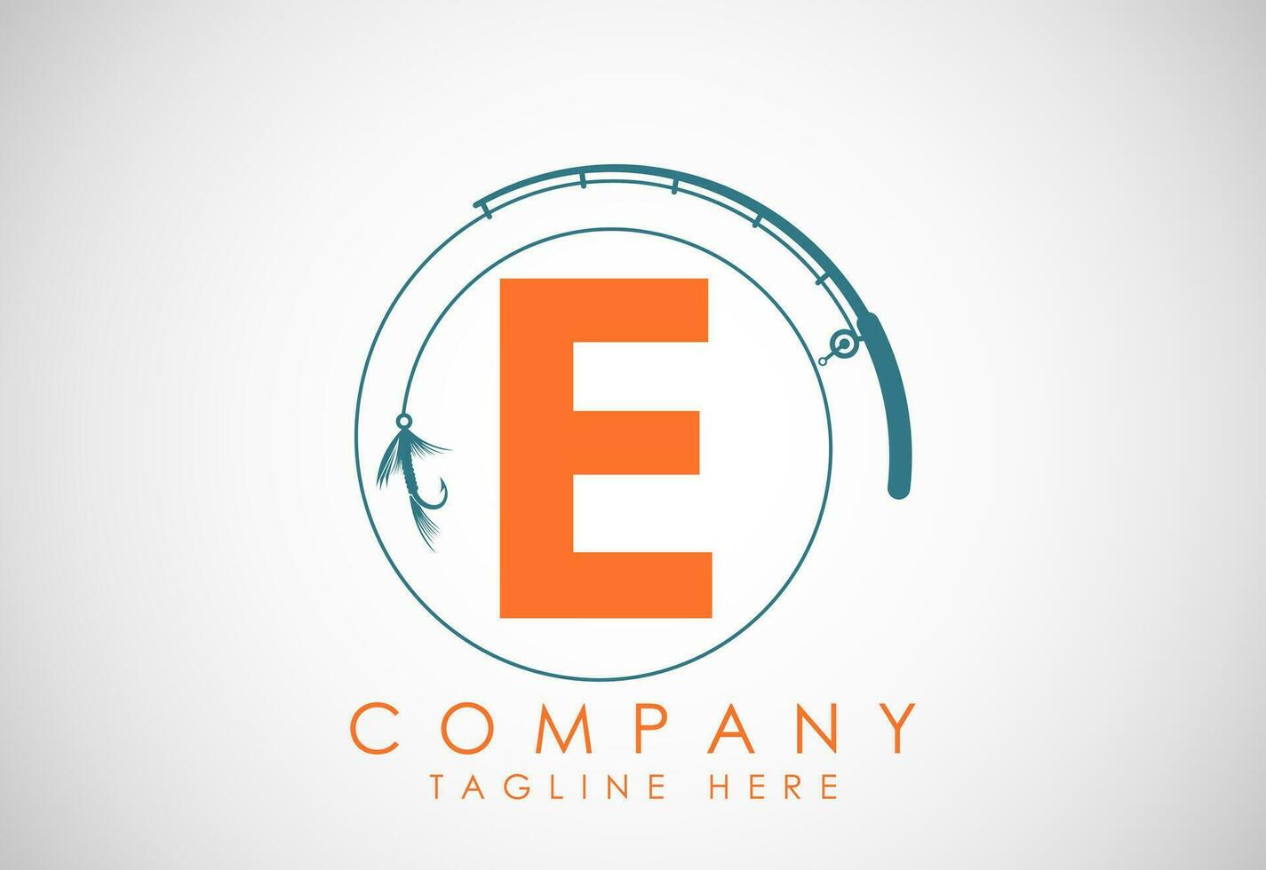 Initial alphabet E with fishing rod and hook. Fishing logo concept vector illustration.