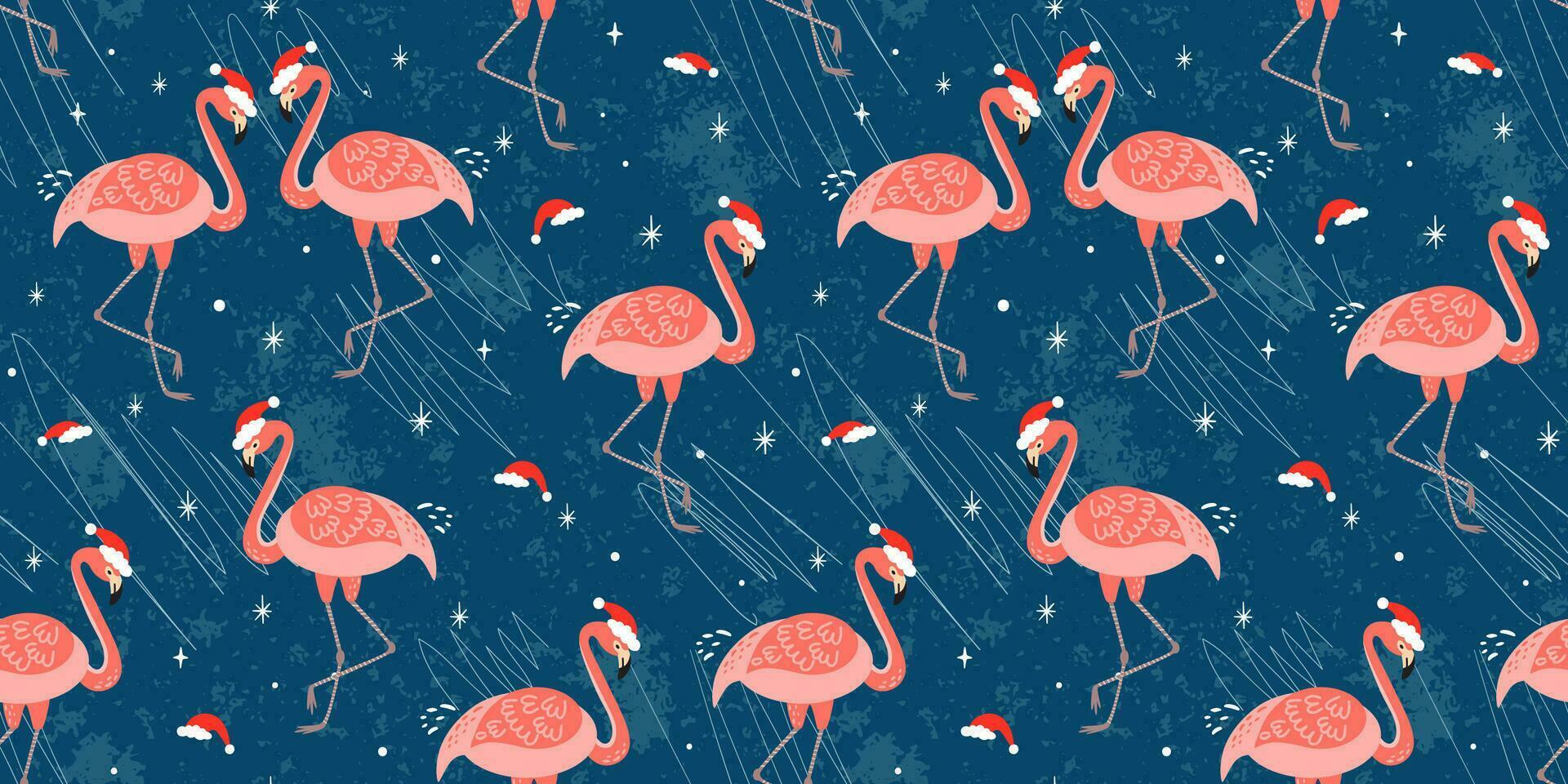 Christmas flamingo seamless pattern on blue repeat background. Funny flamingos in Santa hat. Vector tropical New Year wallpaper, textile print, wrapping, package design, fabric. Cute tropic pink birds