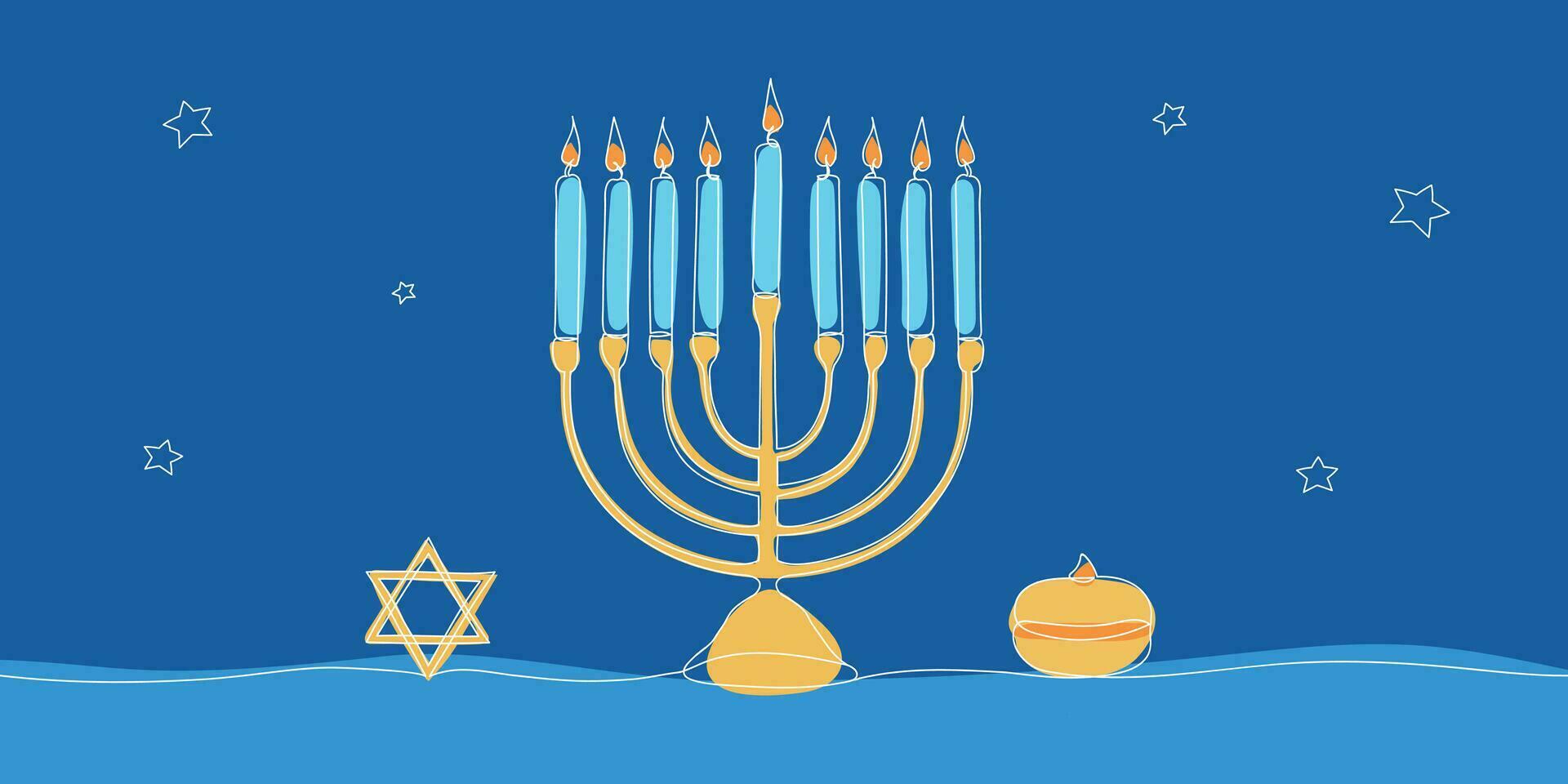 Janucá Menorah contorno antecedentes con estrella y sufganiyot lleno rosquilla. judío tradicional vela poseedor con luces. mínimo Janucá bandera modelo. vector ilustración aislado en blanco