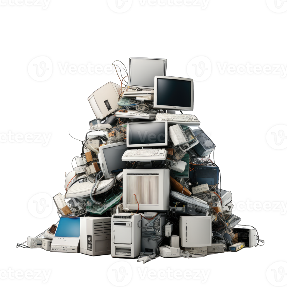 The waste electrical and electronic equipment pile. Computer and other obsolete electronic waste stack. Waste management concept, AI Generated png