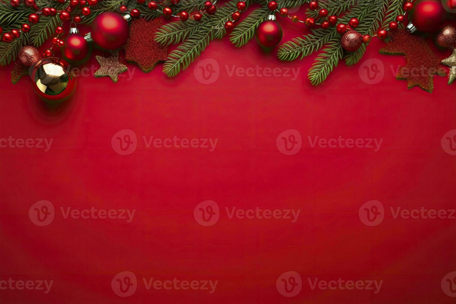 Christmas or New Year red background with fir decor. AI Generated photo