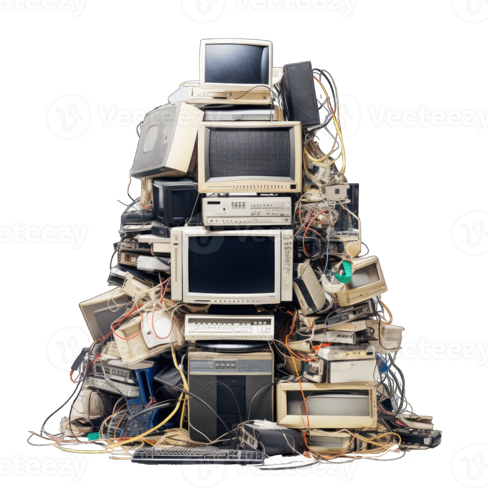 The waste electrical and electronic equipment pile. Computer and other obsolete electronic waste stack. Waste management concept, AI Generated png