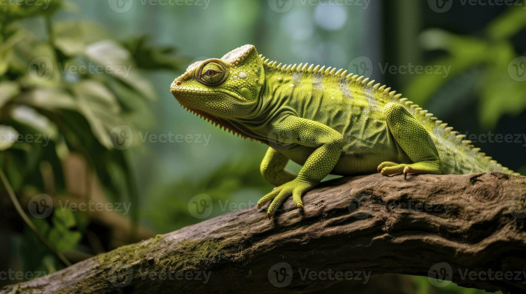 camaleón reptil perchas en un rama. ai generado foto
