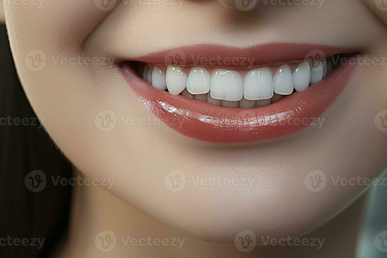 cerca arriba de un sonrisa con bonito blanco dientes. ai generado foto