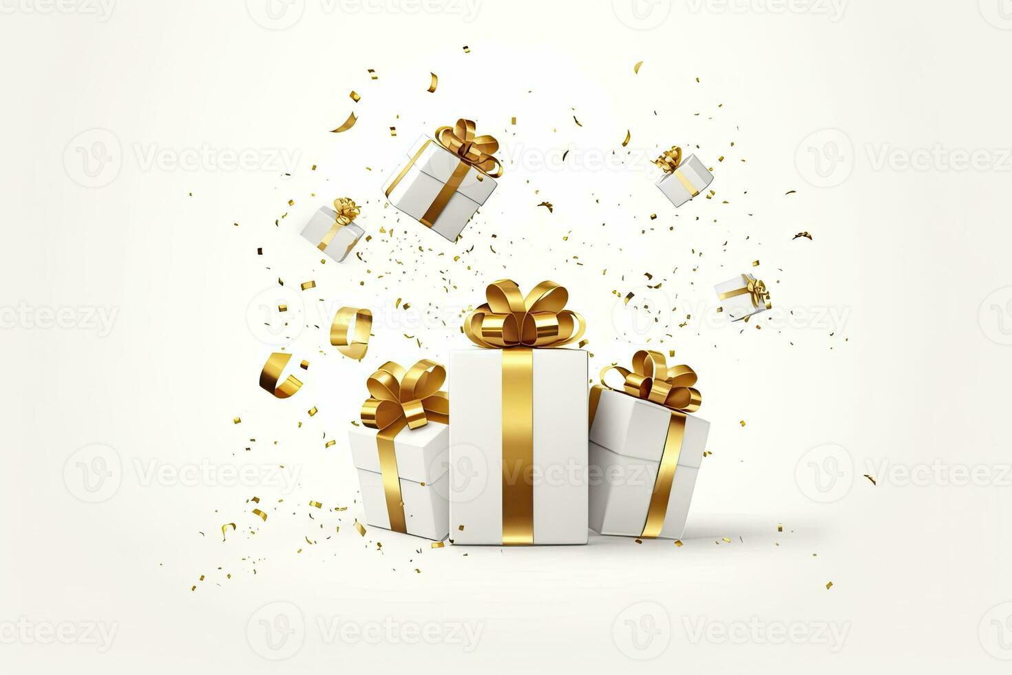 Merry New Year and Merry Christmas 2024 white gift boxes with golden bows and gold sequins confetti on white background. AI Generated photo