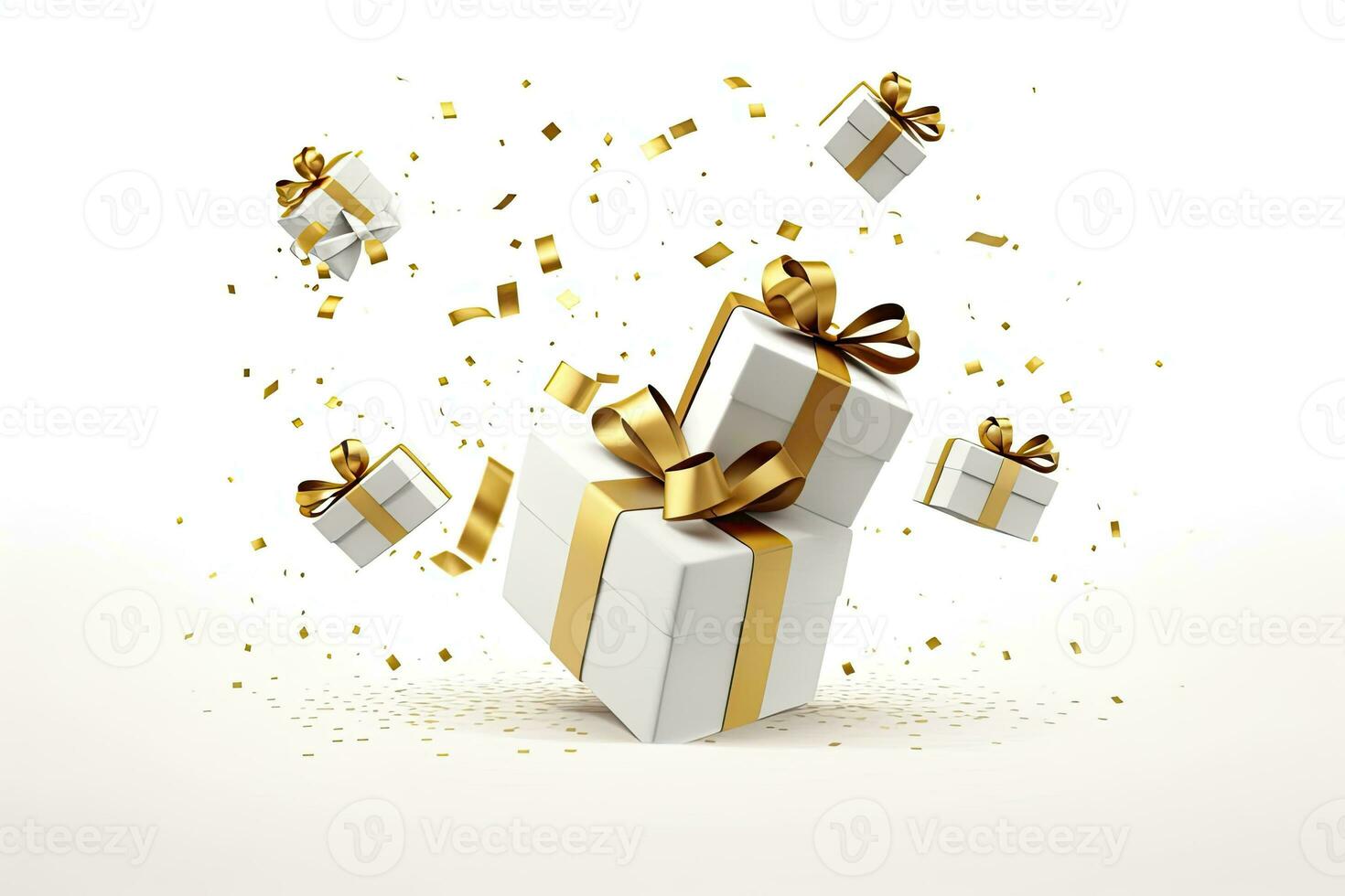 Merry New Year and Merry Christmas 2024 white gift boxes with golden bows and gold sequins confetti on white background. AI Generated photo