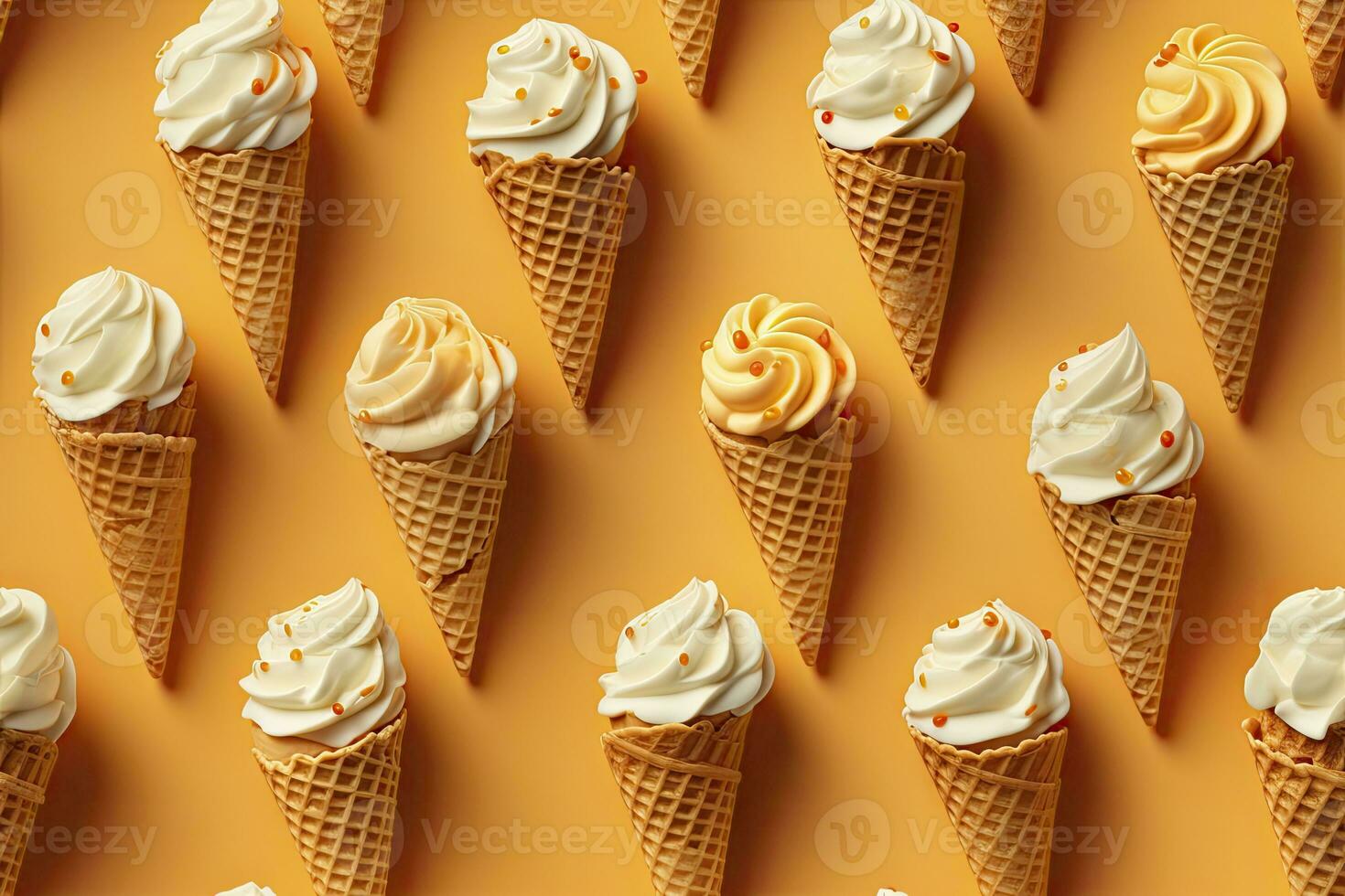 Incorporate a variety of waffle cones with different ice cream flavors. AI Generated photo