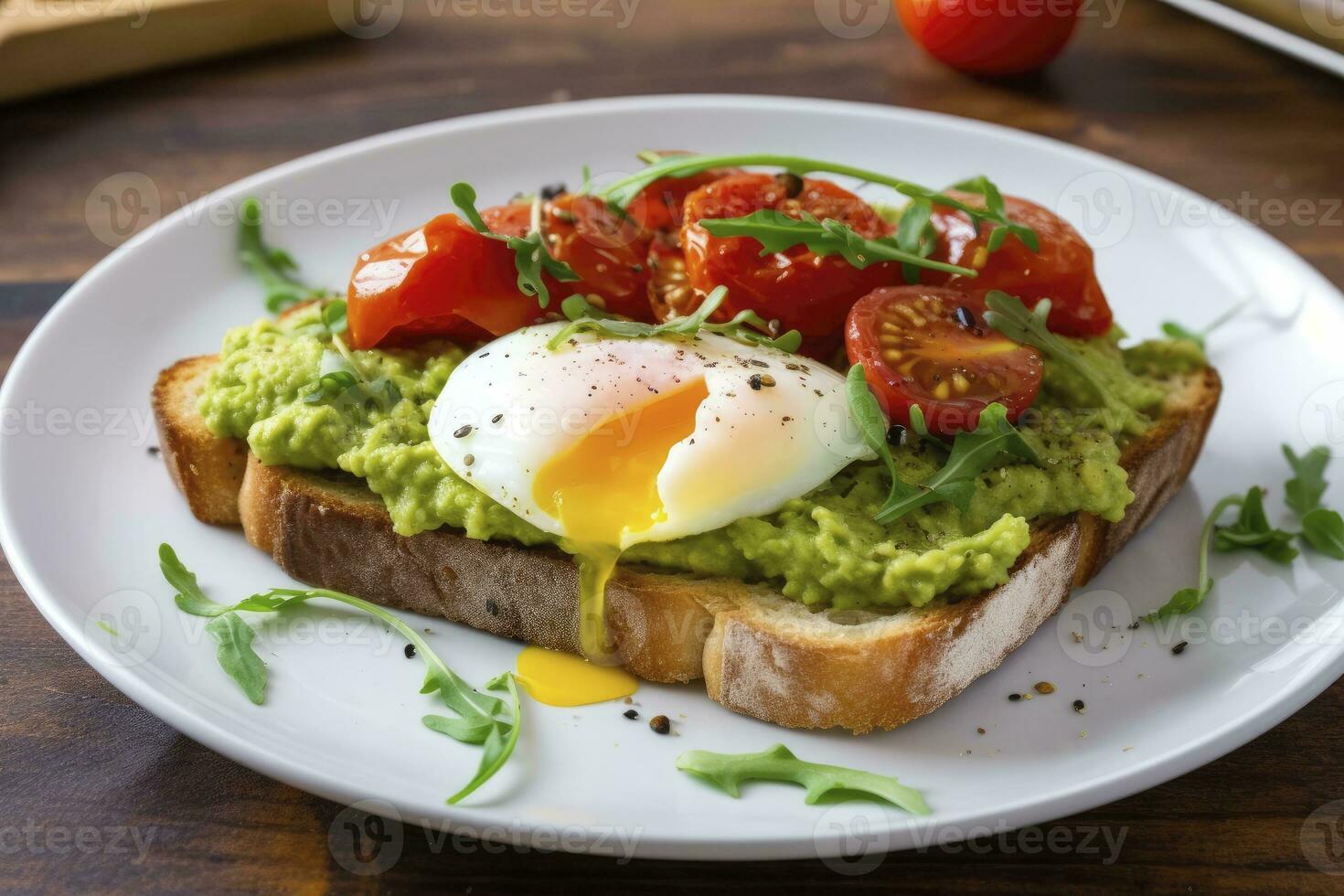 Avocado toast with eggs and roasted tomatoes. AI Generated photo