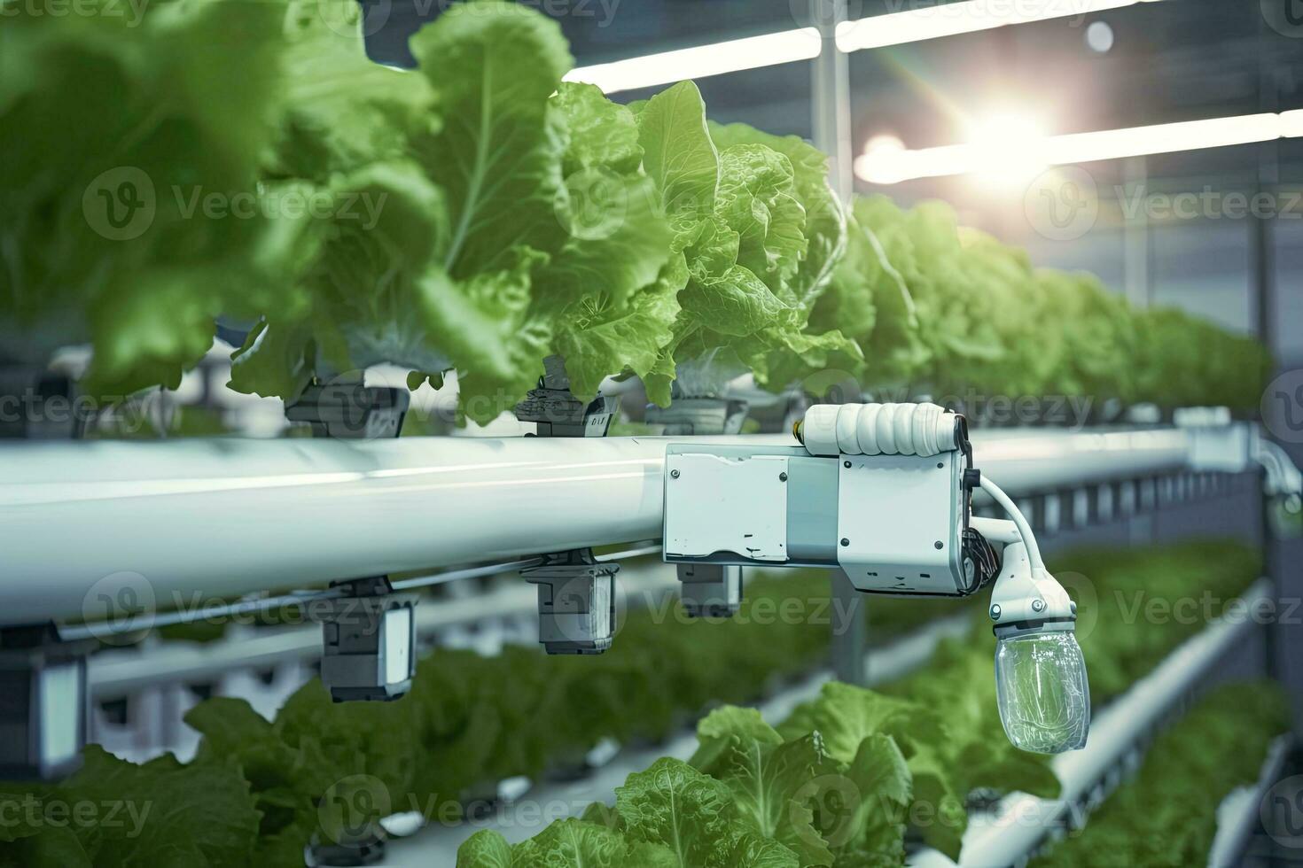 Automatic Agricultural Technology With Close-up View Of Robotic Arm Harvesting Lettuce In Vertical Hydroponic Plant. AI Generated photo