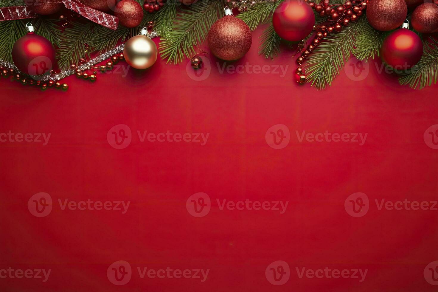 Christmas or New Year red background with fir decor. AI Generated photo