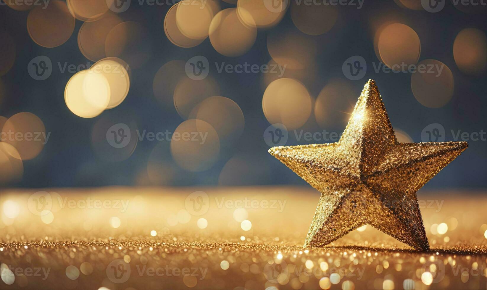 Sparkling Golden Christmas Star. Ornament Decoration Defocused Bokeh Background. AI Generated photo