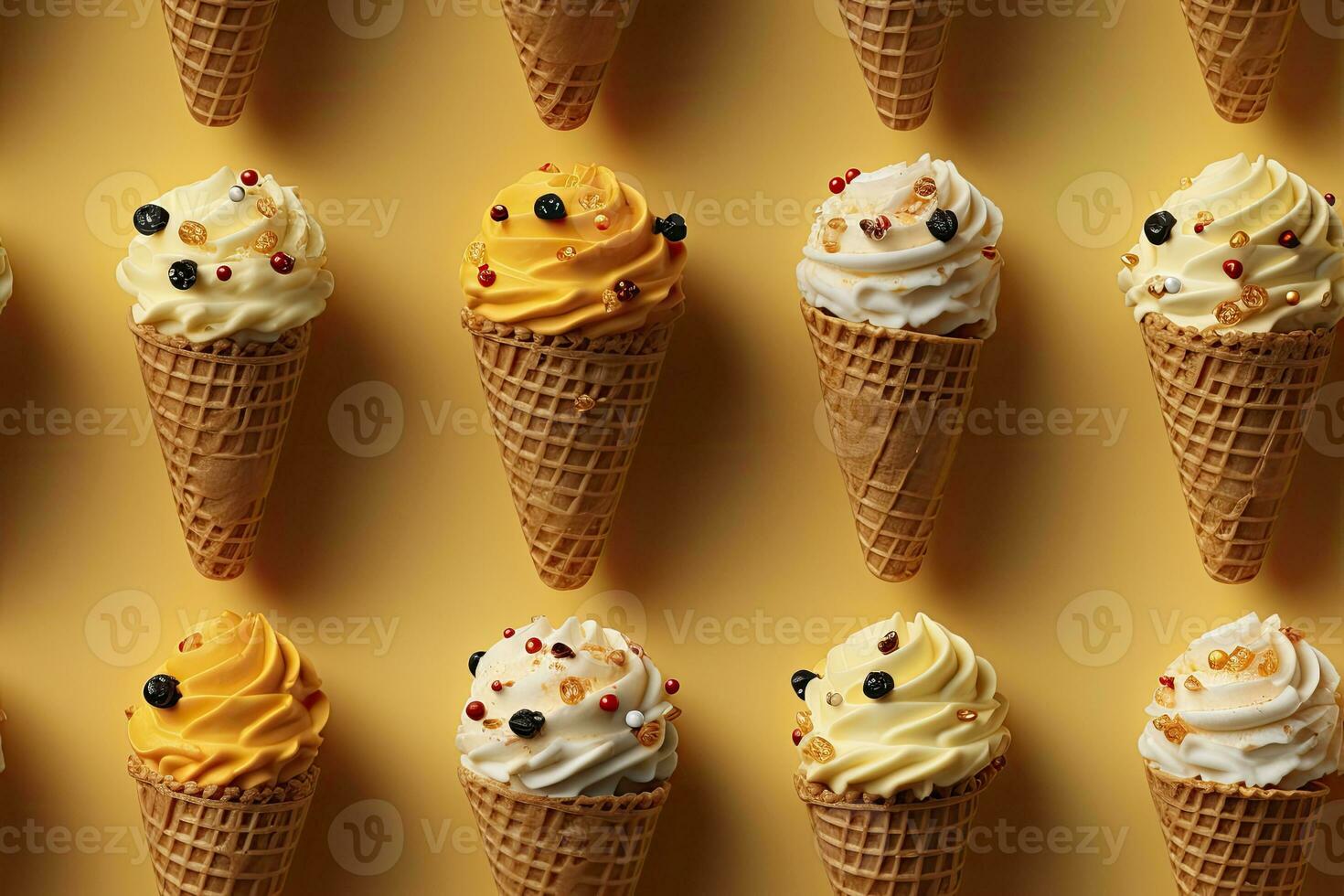 Incorporate a variety of waffle cones with different ice cream flavors. AI Generated photo
