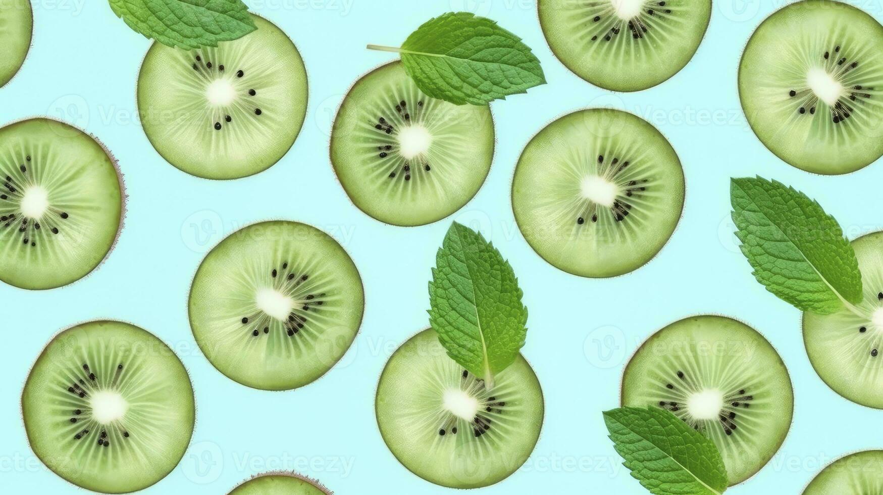 Slices of kiwi fruit and green mint leaves on a light pastel blue background. AI Generated photo