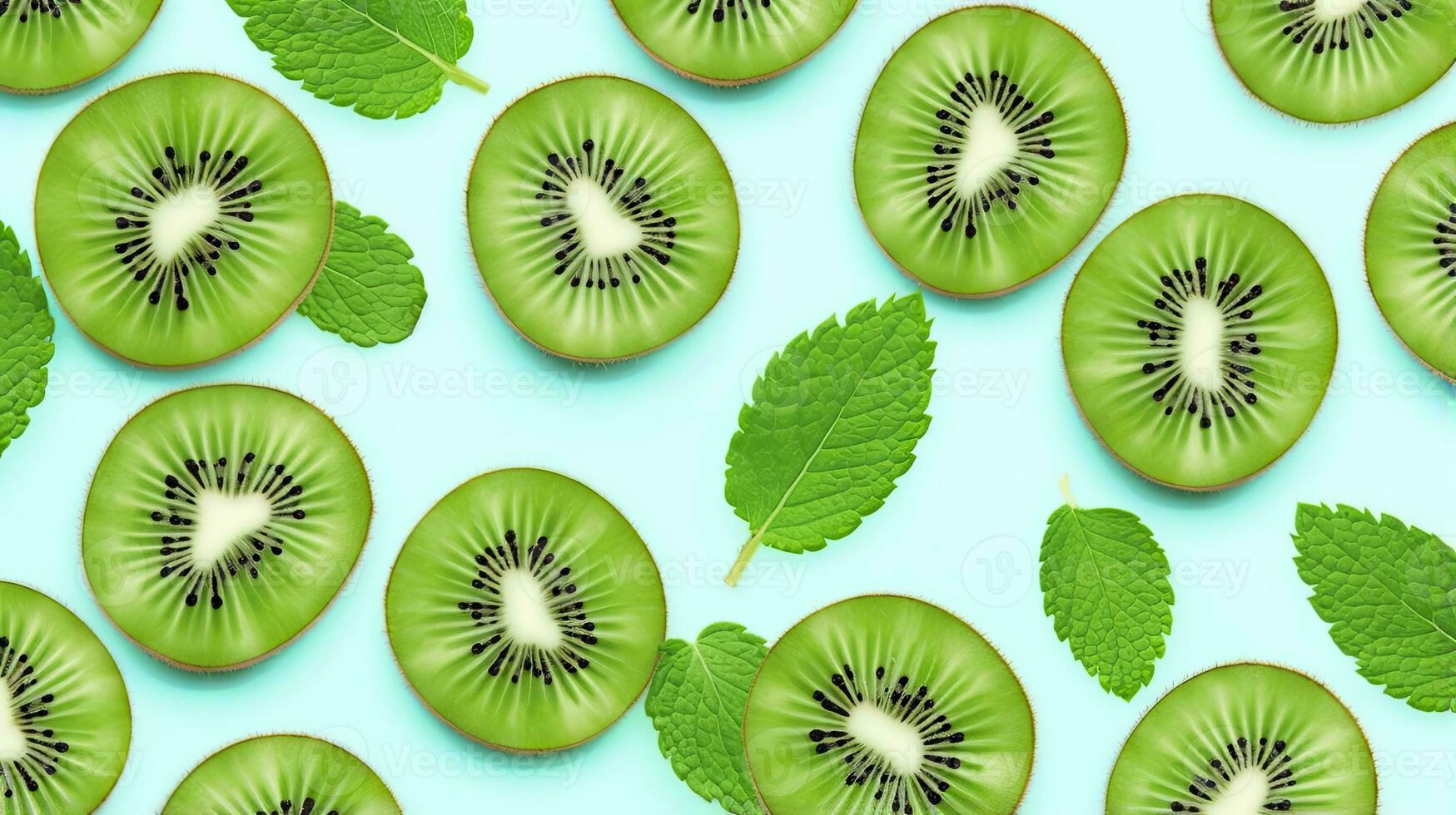 rebanadas de kiwi Fruta y verde menta hojas en un ligero pastel azul antecedentes. ai generado foto