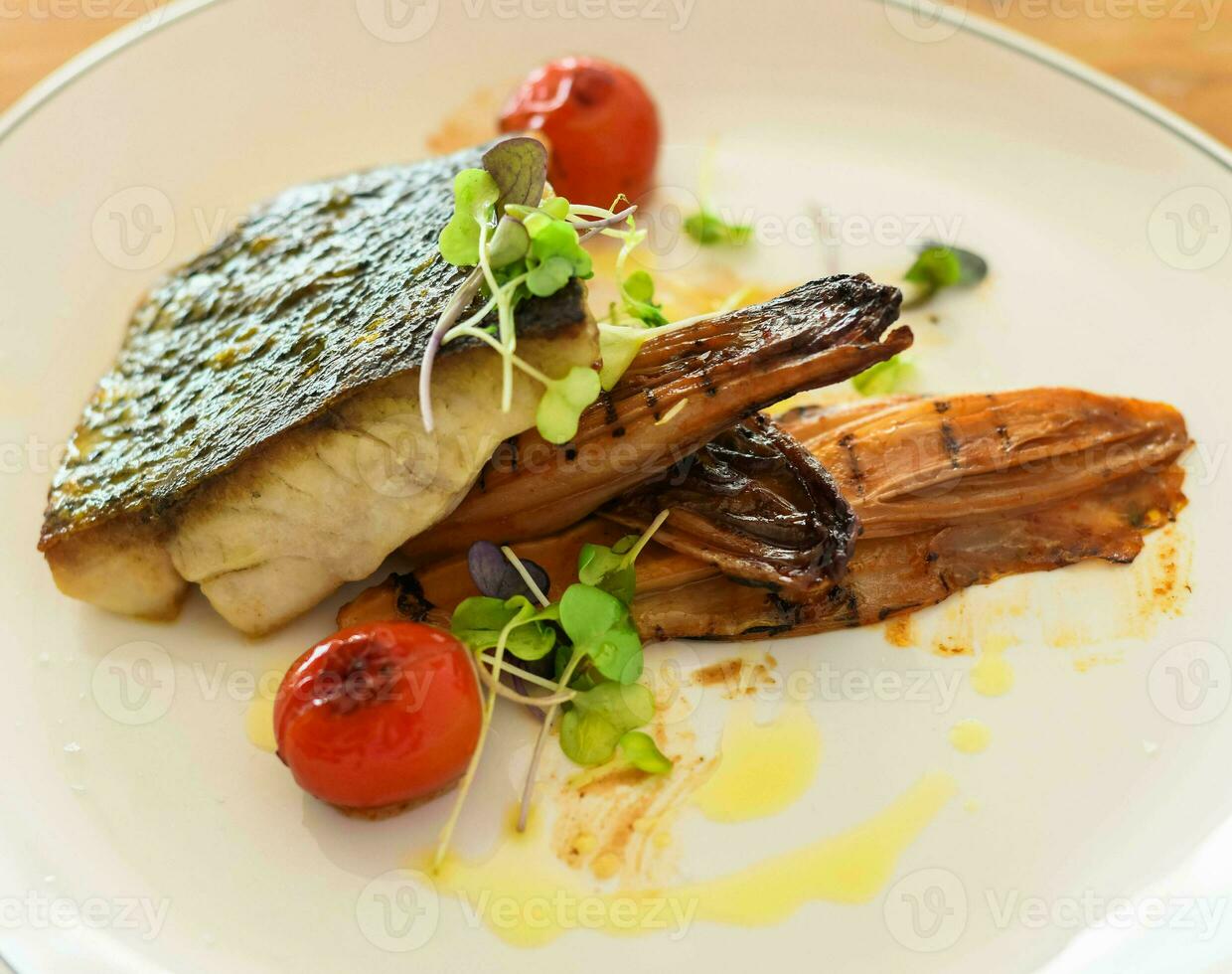 Sea bass with grilled endives with kimchi photo