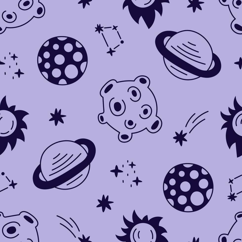 Space seamless pattern with stars and planets in doodle style vector